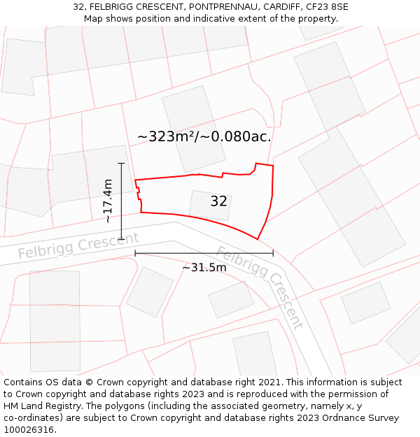 32, FELBRIGG CRESCENT, PONTPRENNAU, CARDIFF, CF23 8SE: Plot and title map