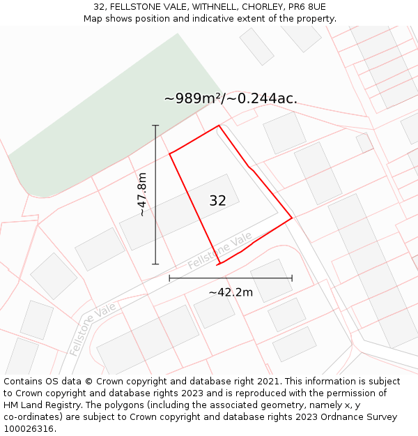 32, FELLSTONE VALE, WITHNELL, CHORLEY, PR6 8UE: Plot and title map