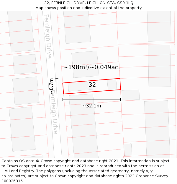 32, FERNLEIGH DRIVE, LEIGH-ON-SEA, SS9 1LQ: Plot and title map