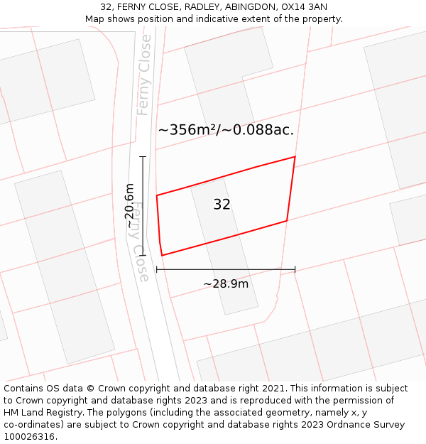 32, FERNY CLOSE, RADLEY, ABINGDON, OX14 3AN: Plot and title map