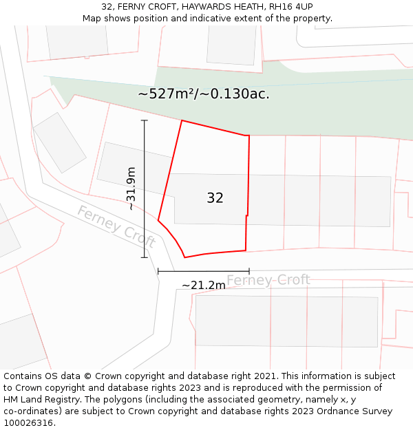 32, FERNY CROFT, HAYWARDS HEATH, RH16 4UP: Plot and title map