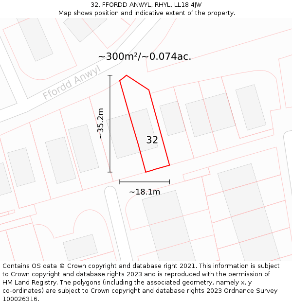 32, FFORDD ANWYL, RHYL, LL18 4JW: Plot and title map