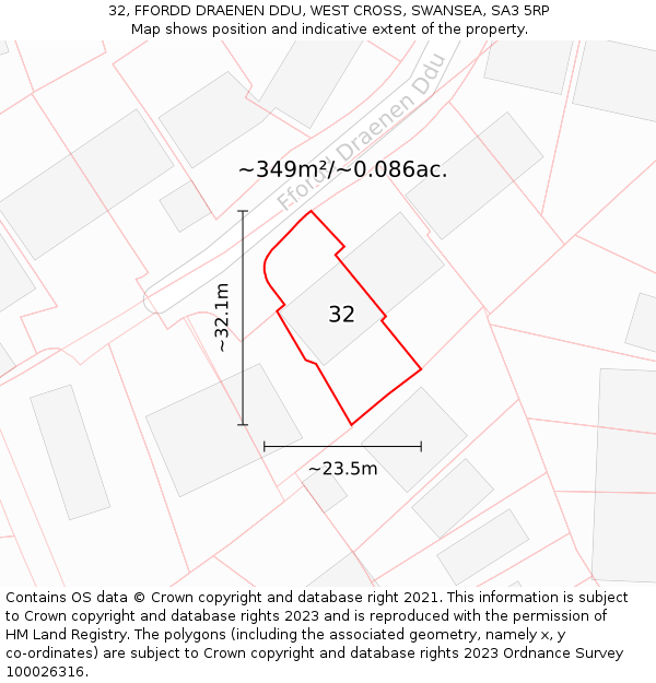 32, FFORDD DRAENEN DDU, WEST CROSS, SWANSEA, SA3 5RP: Plot and title map
