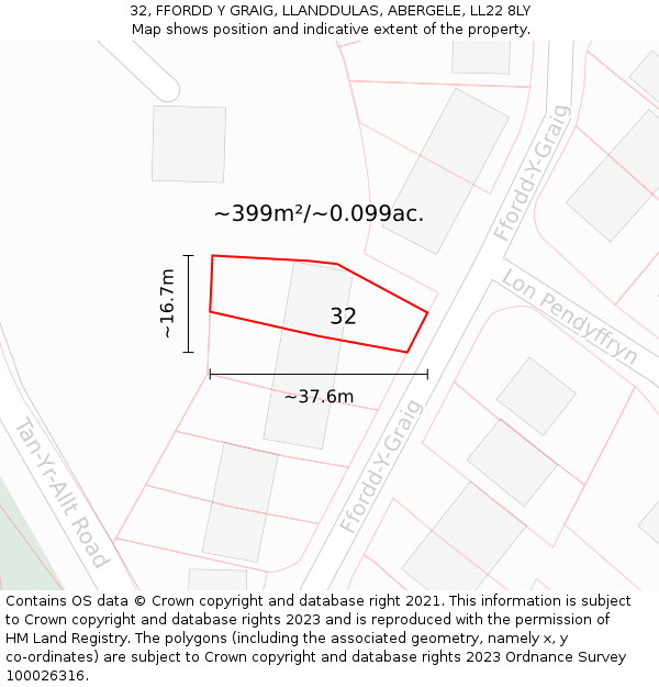 32, FFORDD Y GRAIG, LLANDDULAS, ABERGELE, LL22 8LY: Plot and title map