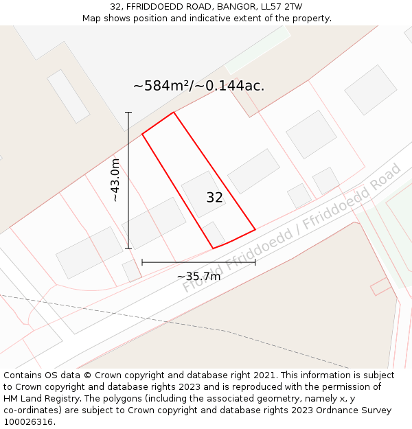 32, FFRIDDOEDD ROAD, BANGOR, LL57 2TW: Plot and title map