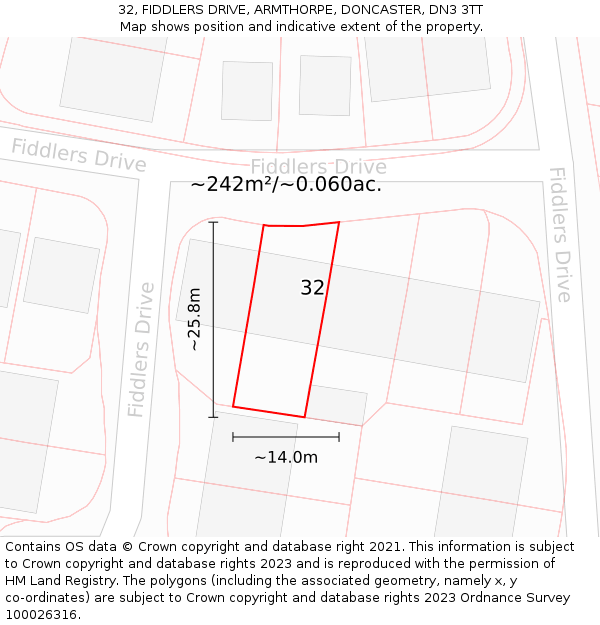 32, FIDDLERS DRIVE, ARMTHORPE, DONCASTER, DN3 3TT: Plot and title map