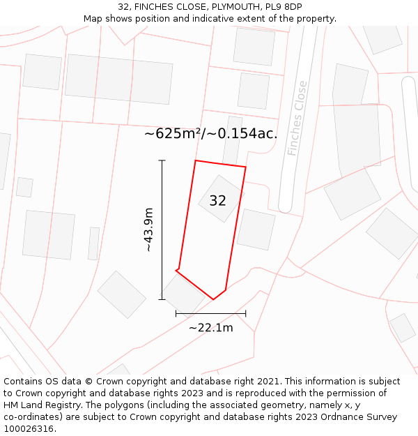 32, FINCHES CLOSE, PLYMOUTH, PL9 8DP: Plot and title map