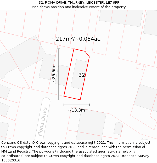 32, FIONA DRIVE, THURNBY, LEICESTER, LE7 9RF: Plot and title map
