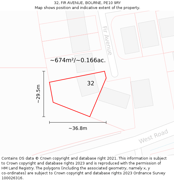 32, FIR AVENUE, BOURNE, PE10 9RY: Plot and title map