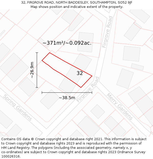 32, FIRGROVE ROAD, NORTH BADDESLEY, SOUTHAMPTON, SO52 9JF: Plot and title map