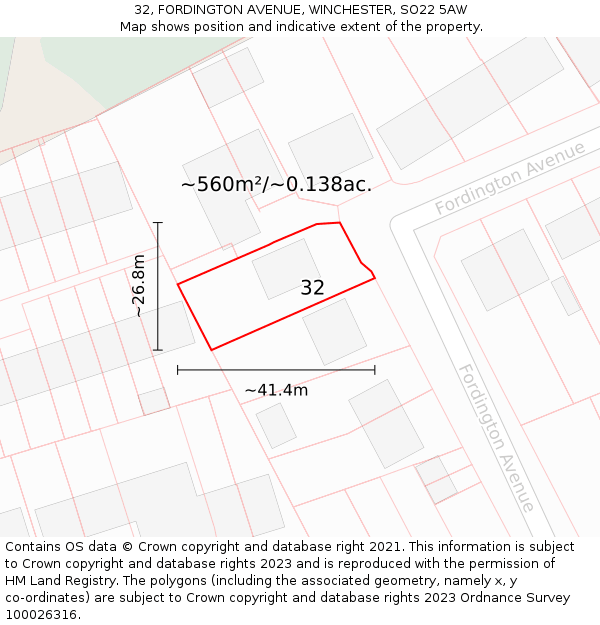 32, FORDINGTON AVENUE, WINCHESTER, SO22 5AW: Plot and title map