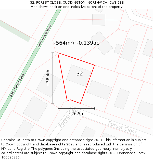 32, FOREST CLOSE, CUDDINGTON, NORTHWICH, CW8 2EE: Plot and title map