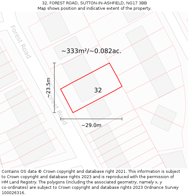 32, FOREST ROAD, SUTTON-IN-ASHFIELD, NG17 3BB: Plot and title map