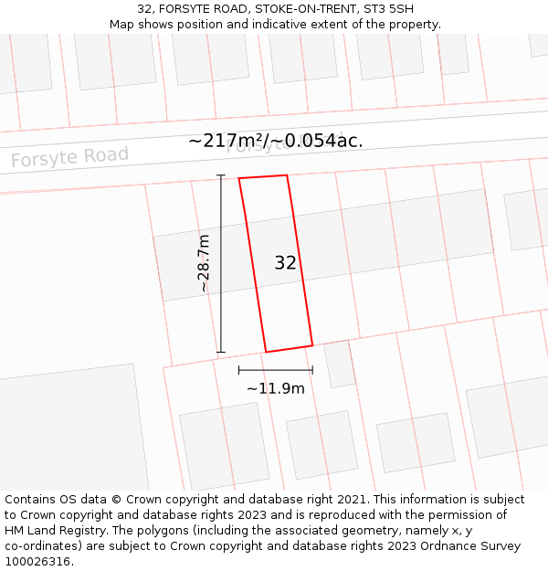 32, FORSYTE ROAD, STOKE-ON-TRENT, ST3 5SH: Plot and title map