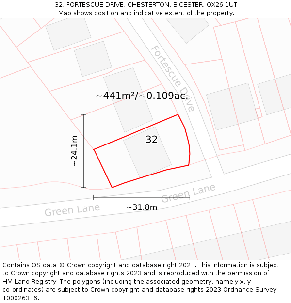 32, FORTESCUE DRIVE, CHESTERTON, BICESTER, OX26 1UT: Plot and title map