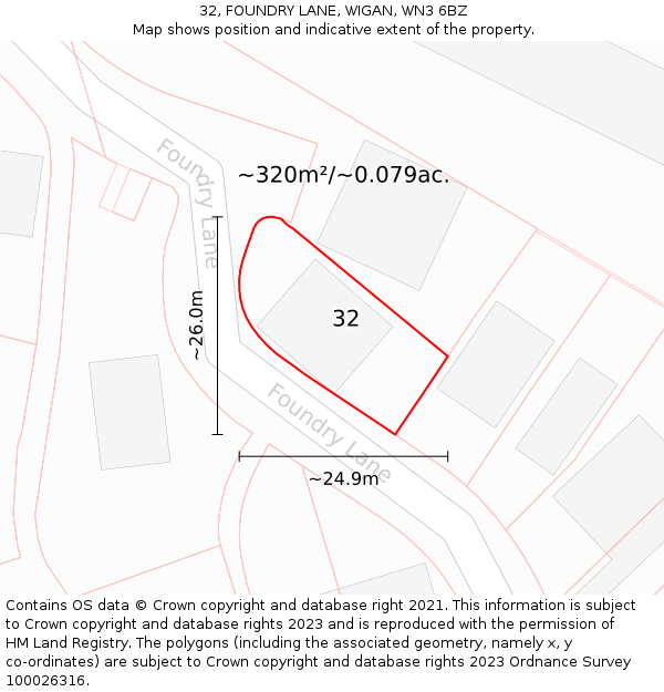 32, FOUNDRY LANE, WIGAN, WN3 6BZ: Plot and title map