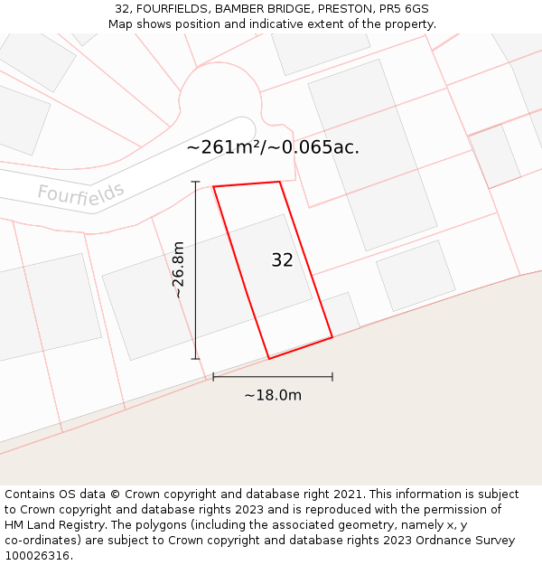 32, FOURFIELDS, BAMBER BRIDGE, PRESTON, PR5 6GS: Plot and title map