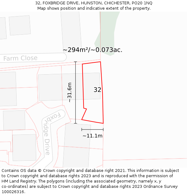 32, FOXBRIDGE DRIVE, HUNSTON, CHICHESTER, PO20 1NQ: Plot and title map