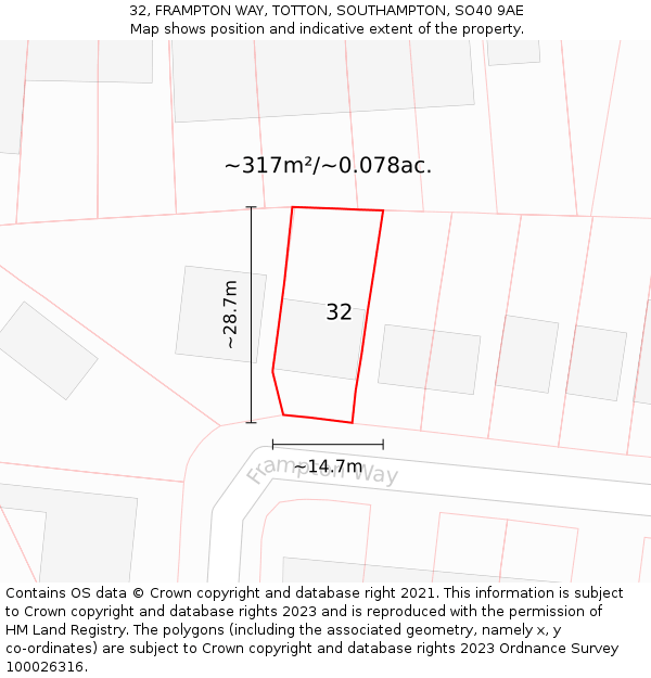 32, FRAMPTON WAY, TOTTON, SOUTHAMPTON, SO40 9AE: Plot and title map