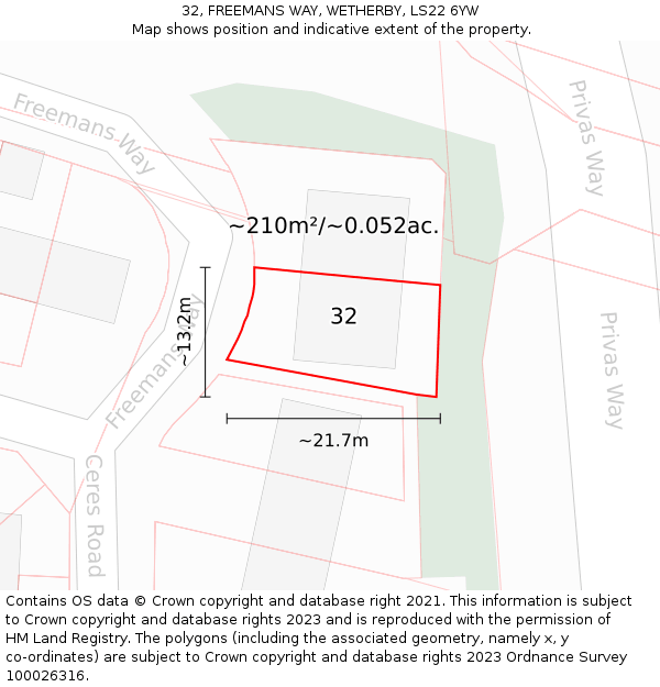 32, FREEMANS WAY, WETHERBY, LS22 6YW: Plot and title map