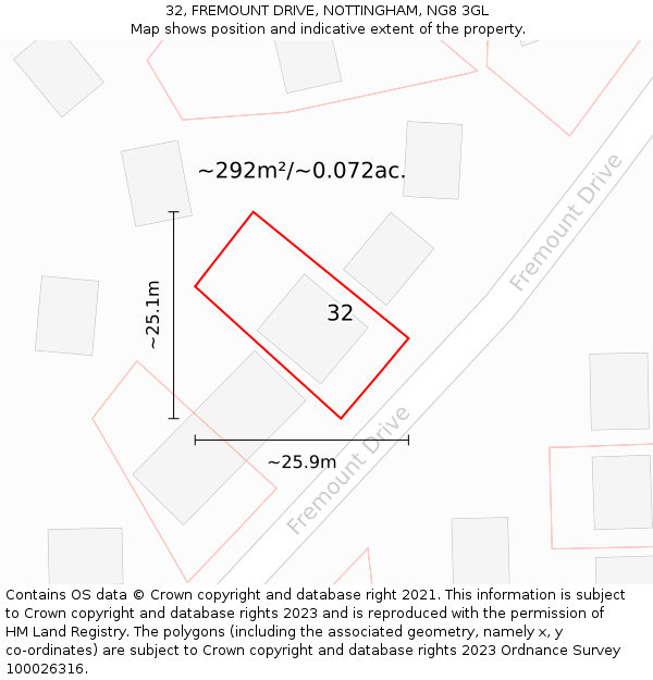 32, FREMOUNT DRIVE, NOTTINGHAM, NG8 3GL: Plot and title map