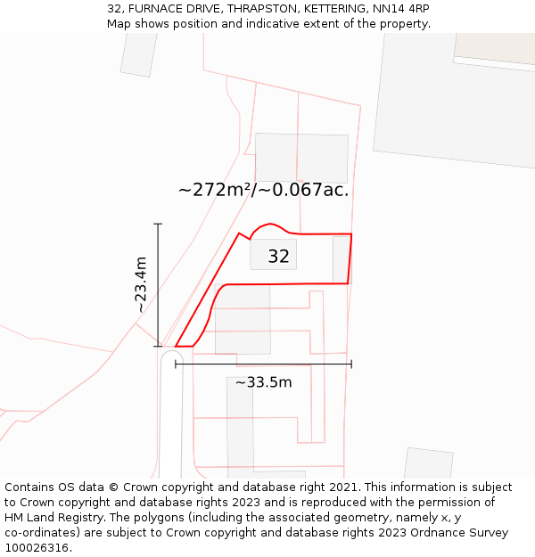 32, FURNACE DRIVE, THRAPSTON, KETTERING, NN14 4RP: Plot and title map