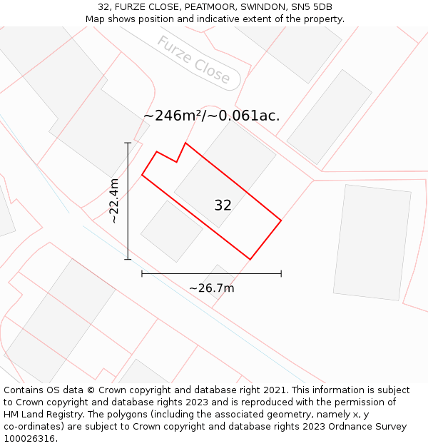 32, FURZE CLOSE, PEATMOOR, SWINDON, SN5 5DB: Plot and title map