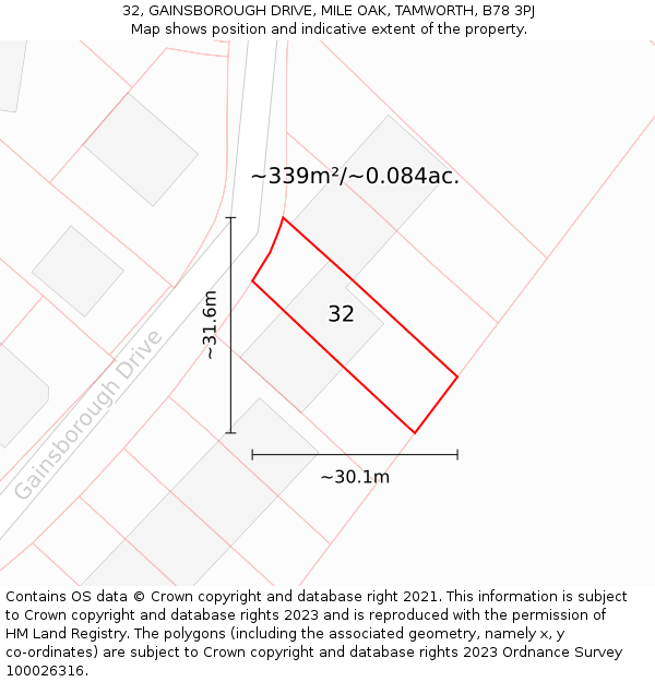 32, GAINSBOROUGH DRIVE, MILE OAK, TAMWORTH, B78 3PJ: Plot and title map