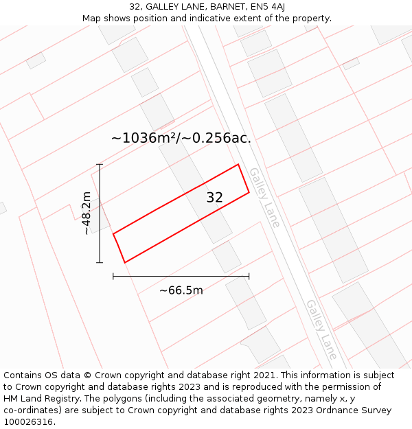 32, GALLEY LANE, BARNET, EN5 4AJ: Plot and title map