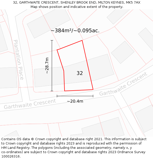 32, GARTHWAITE CRESCENT, SHENLEY BROOK END, MILTON KEYNES, MK5 7AX: Plot and title map