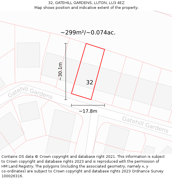 32, GATEHILL GARDENS, LUTON, LU3 4EZ: Plot and title map