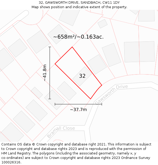 32, GAWSWORTH DRIVE, SANDBACH, CW11 1DY: Plot and title map