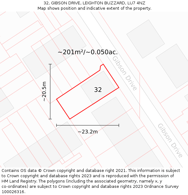 32, GIBSON DRIVE, LEIGHTON BUZZARD, LU7 4NZ: Plot and title map