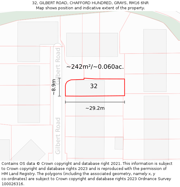 32, GILBERT ROAD, CHAFFORD HUNDRED, GRAYS, RM16 6NR: Plot and title map