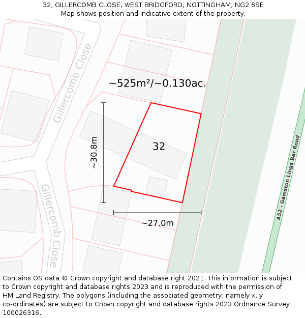 32, GILLERCOMB CLOSE, WEST BRIDGFORD, NOTTINGHAM, NG2 6SE: Plot and title map