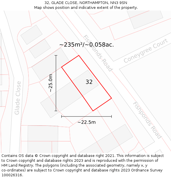 32, GLADE CLOSE, NORTHAMPTON, NN3 9SN: Plot and title map