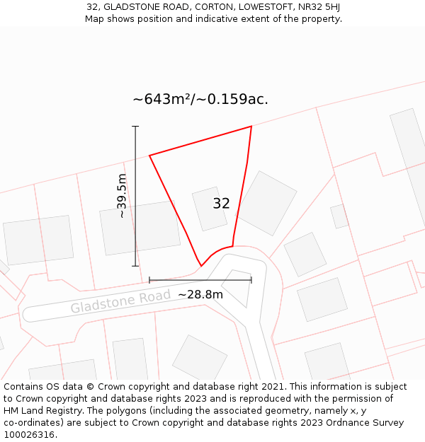 32, GLADSTONE ROAD, CORTON, LOWESTOFT, NR32 5HJ: Plot and title map