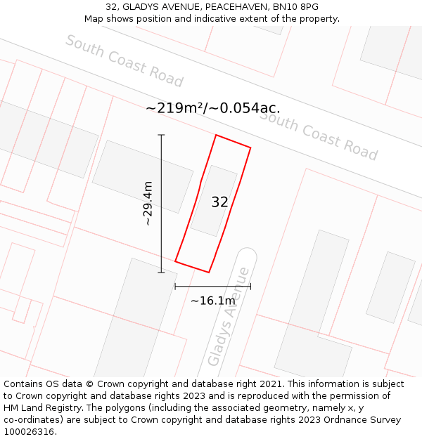 32, GLADYS AVENUE, PEACEHAVEN, BN10 8PG: Plot and title map