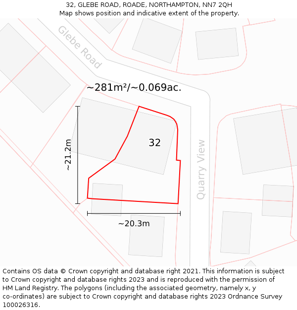 32, GLEBE ROAD, ROADE, NORTHAMPTON, NN7 2QH: Plot and title map