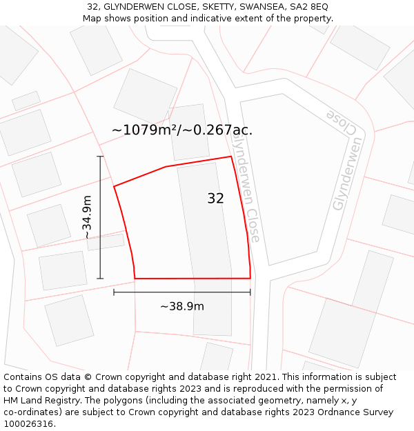 32, GLYNDERWEN CLOSE, SKETTY, SWANSEA, SA2 8EQ: Plot and title map