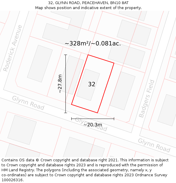 32, GLYNN ROAD, PEACEHAVEN, BN10 8AT: Plot and title map