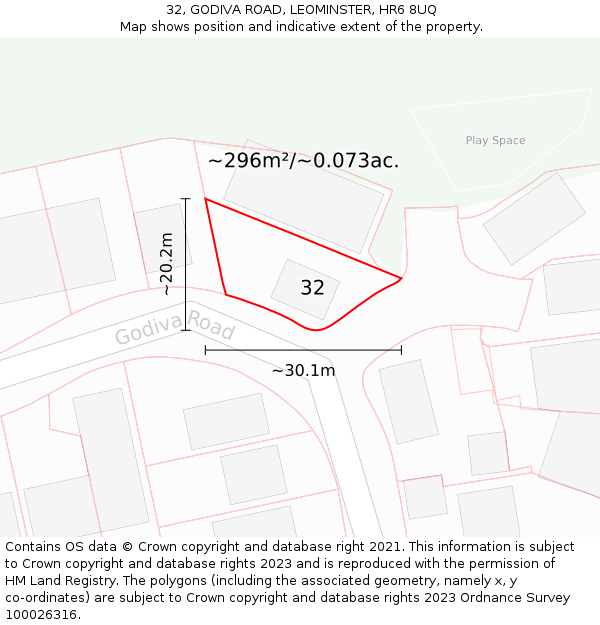 32, GODIVA ROAD, LEOMINSTER, HR6 8UQ: Plot and title map