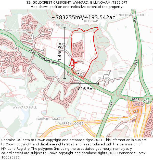 32, GOLDCREST CRESCENT, WYNYARD, BILLINGHAM, TS22 5FT: Plot and title map