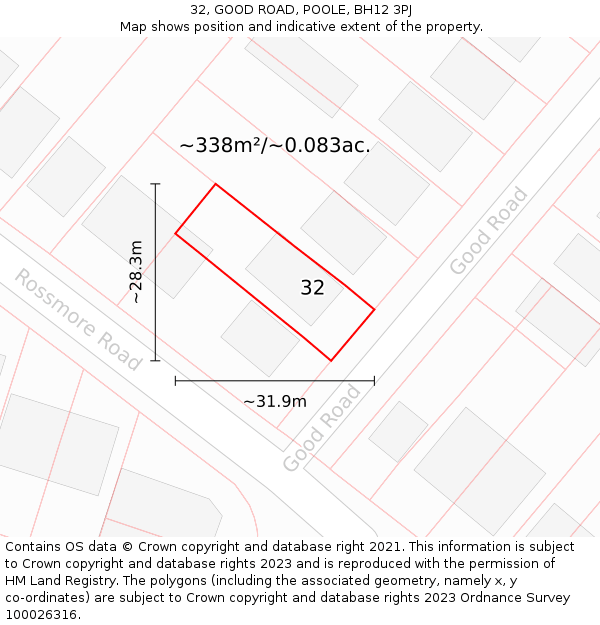 32, GOOD ROAD, POOLE, BH12 3PJ: Plot and title map