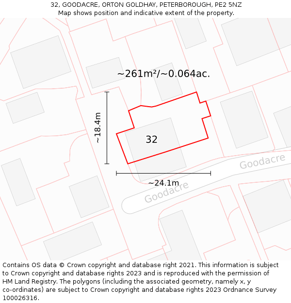 32, GOODACRE, ORTON GOLDHAY, PETERBOROUGH, PE2 5NZ: Plot and title map