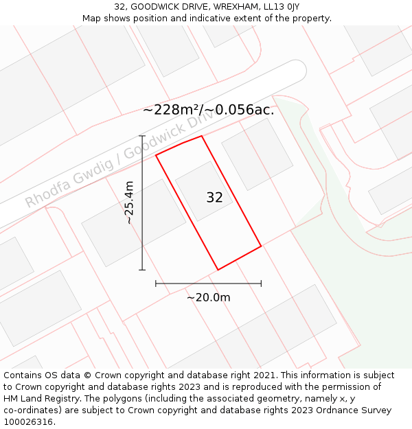 32, GOODWICK DRIVE, WREXHAM, LL13 0JY: Plot and title map