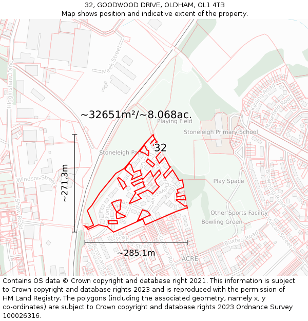 32, GOODWOOD DRIVE, OLDHAM, OL1 4TB: Plot and title map