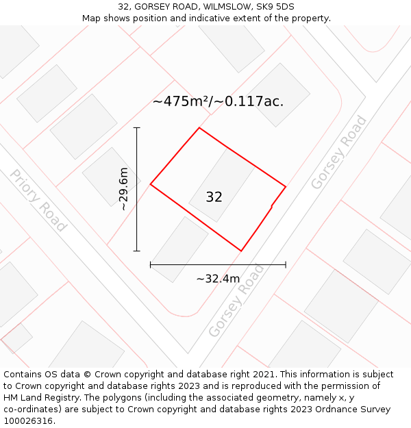 32, GORSEY ROAD, WILMSLOW, SK9 5DS: Plot and title map