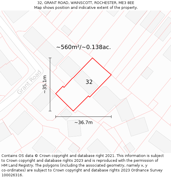 32, GRANT ROAD, WAINSCOTT, ROCHESTER, ME3 8EE: Plot and title map