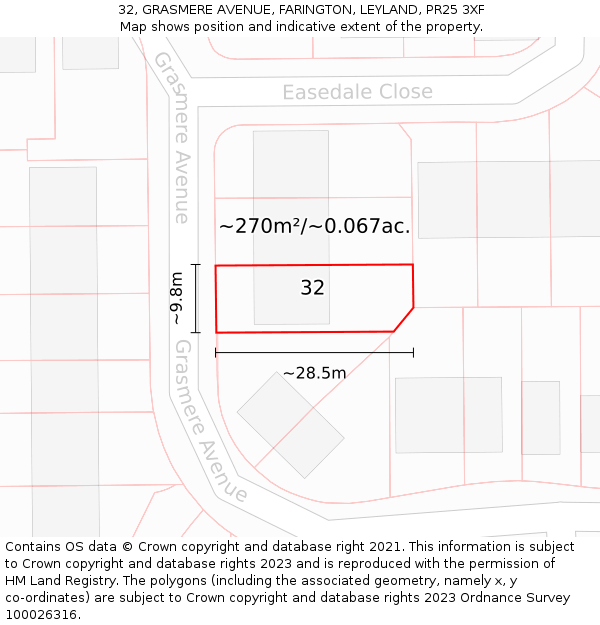 32, GRASMERE AVENUE, FARINGTON, LEYLAND, PR25 3XF: Plot and title map